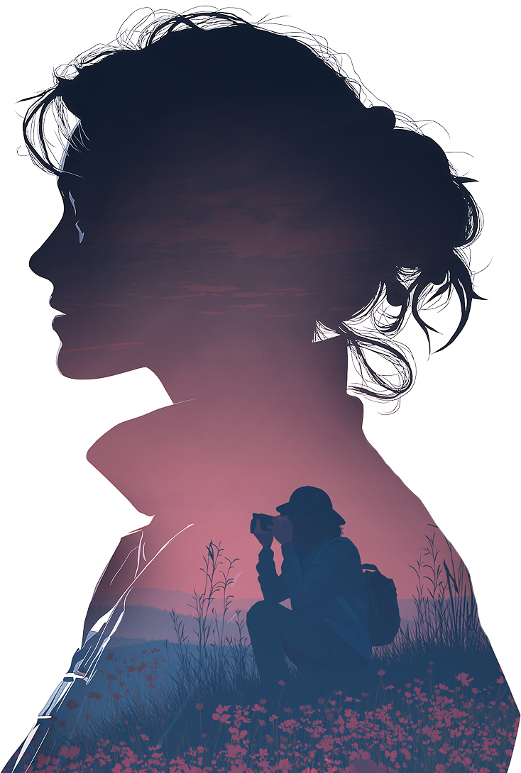 Photo of a silhouette of a woman looking to the left. Inside is the same woman taking a photo in a field of flowers.